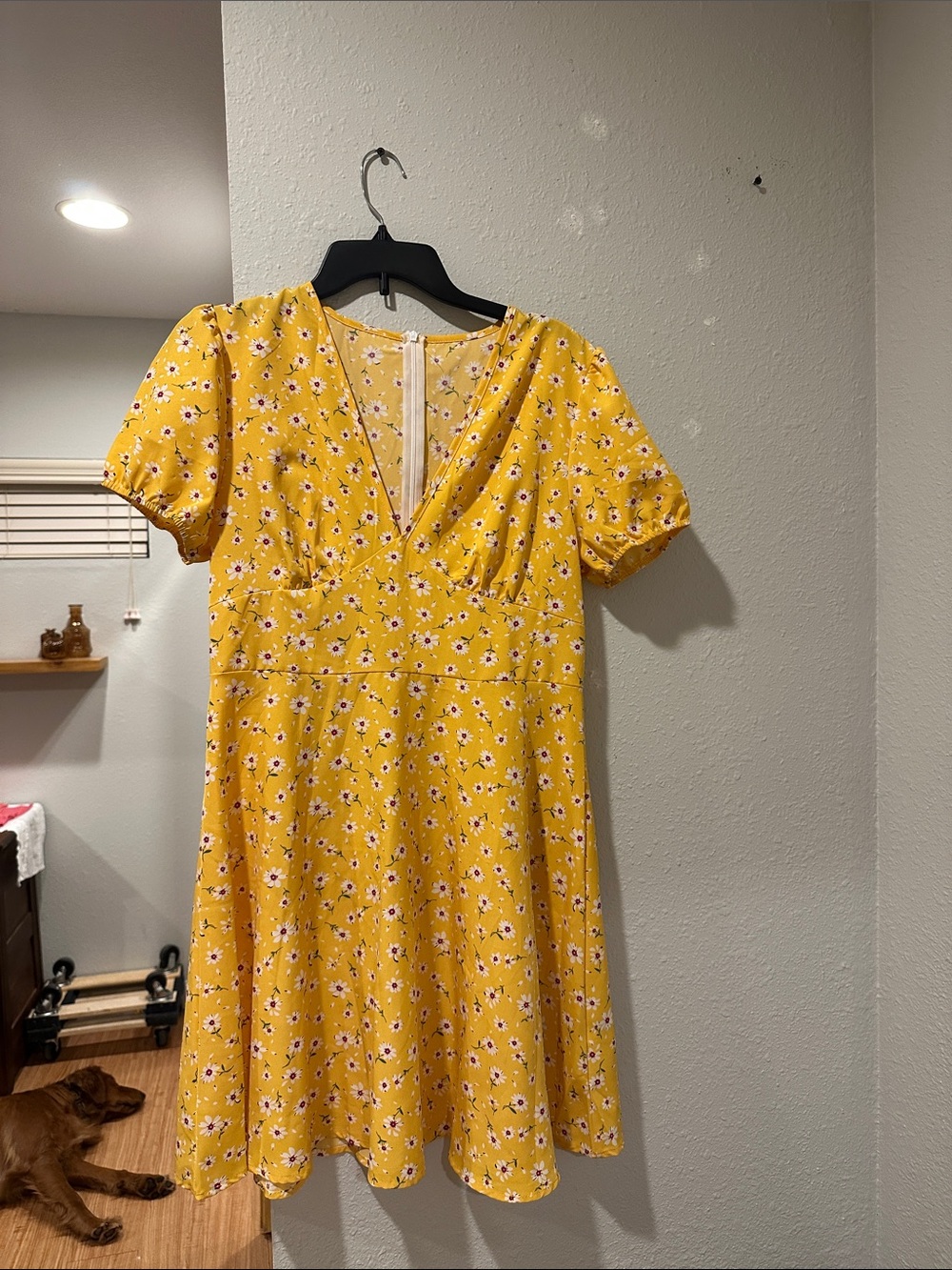 SHEIN Yellow Floral V-Neck Puff Sleeve Dress